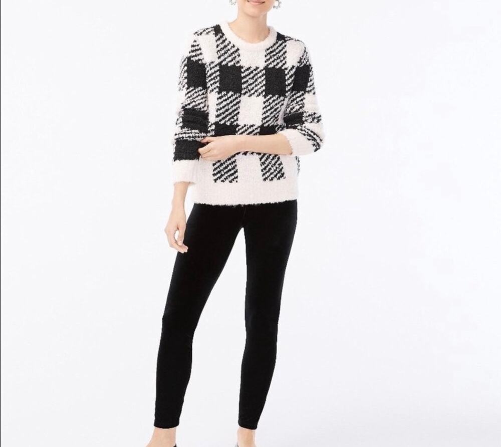 Preppy Plaid Black/White Textured Knit J. Crew Crewneck Sweater Wool/Alpaca